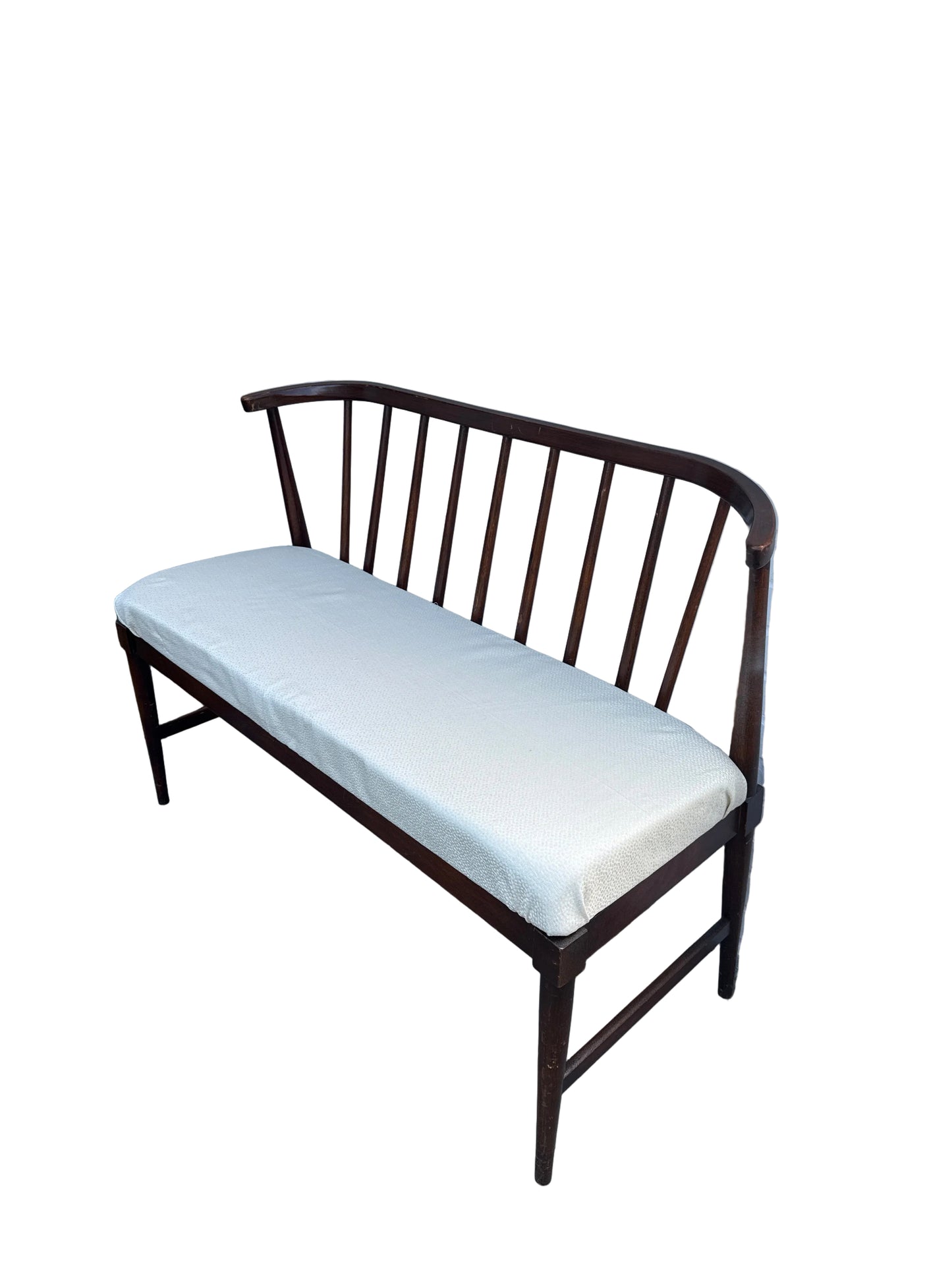 Vintage Wood Spindle-Back Bench with Upholstered Seat