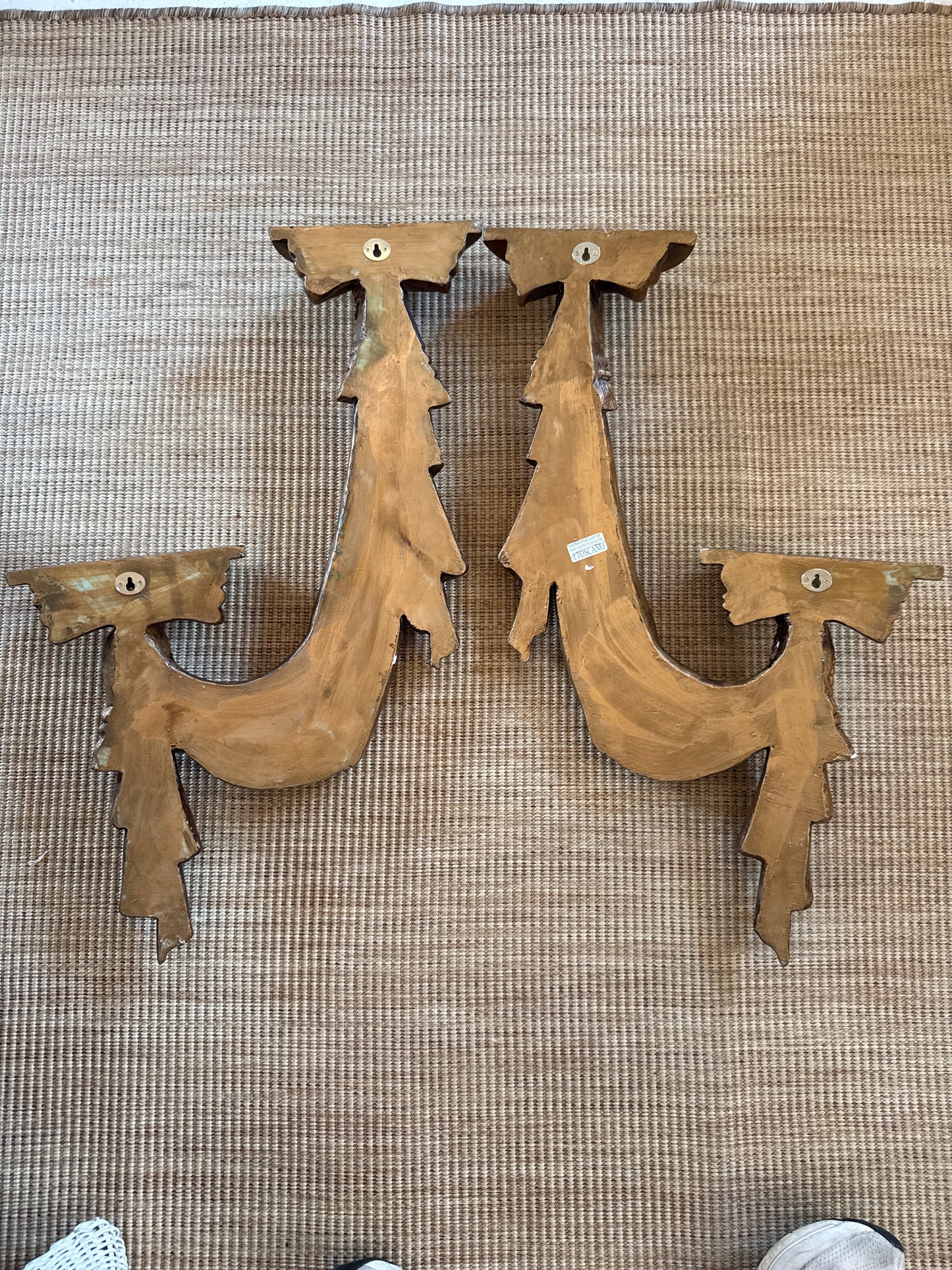 Vintage Hollywood Regency Carved Wood Wall Brackets / Candle Shelves