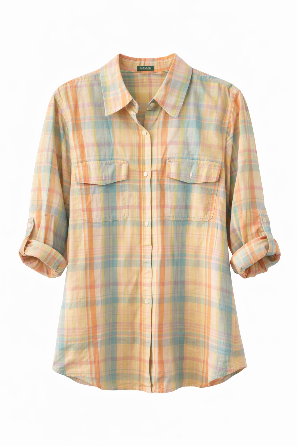 Vintage Ralph LaurenPlaid shirt with a subtle pattern Of pastel Colors, on white background. Fifth is a size medium to size large two front pockets, sleeves roll and button at three-quarter length