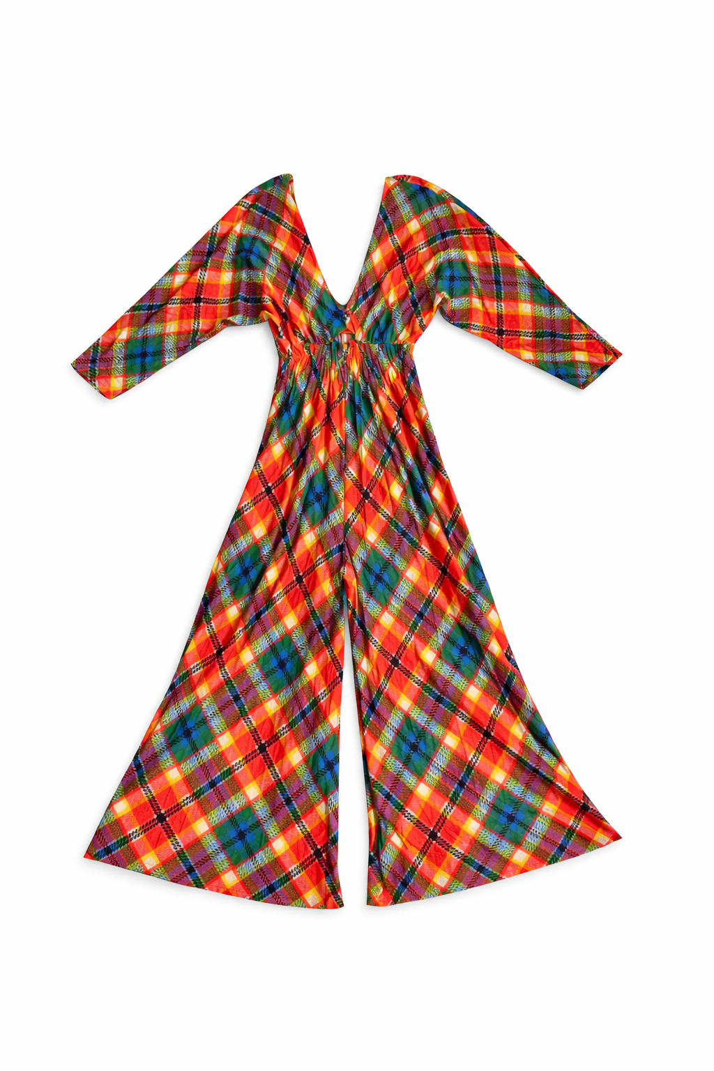 This one of a kind colorful 1970s jumpsuit is so much fun! It has a deep view in front a lace up back a cinch waist wide cropped legs in a cropped long sleeve arm. There are small imperfections in the polyester fabric. Nothing noticeable still fits great! 
Size small