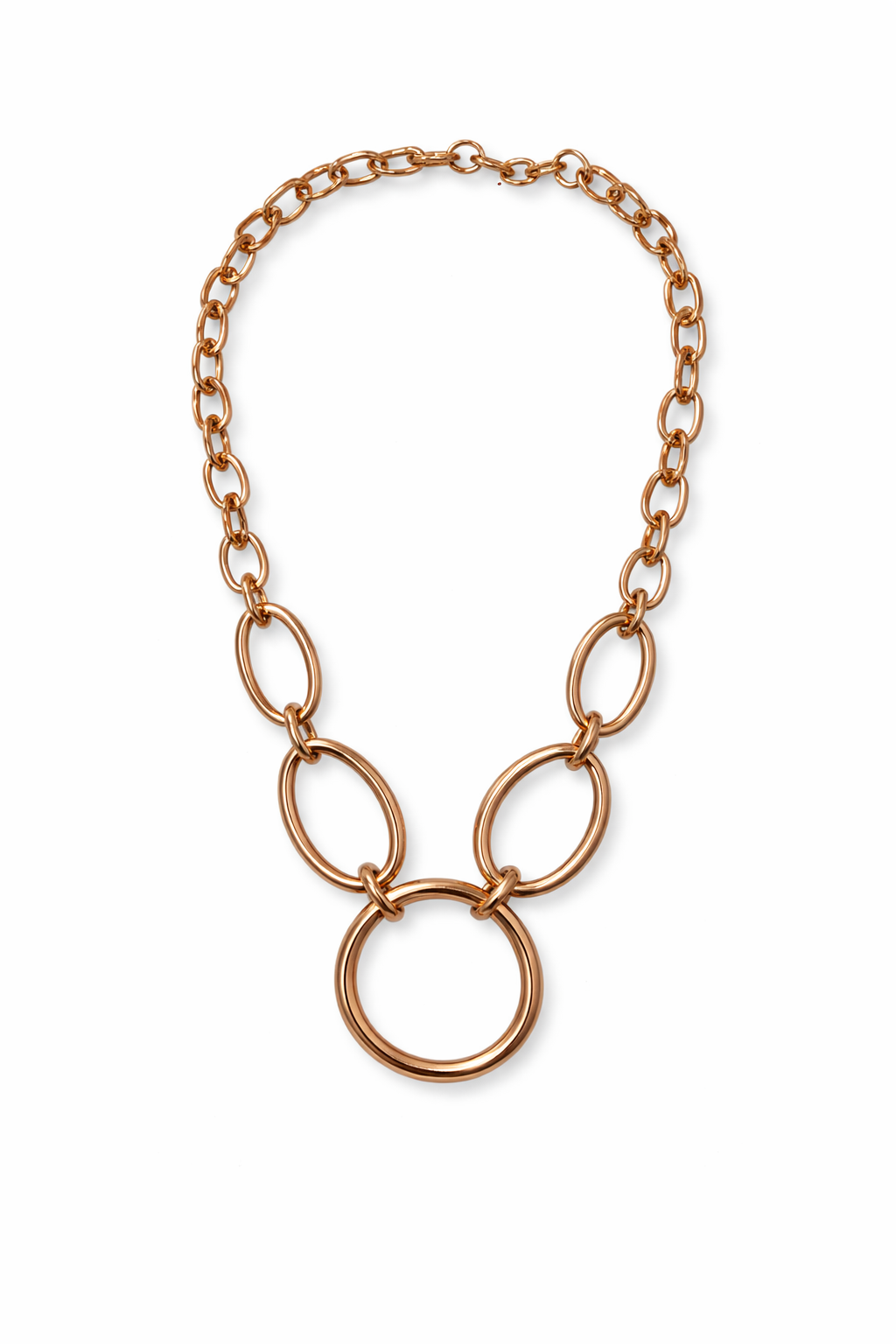 Beautiful chunky large gold plated circle link design. Largest link hanging at bottom.  Adjustable neck
