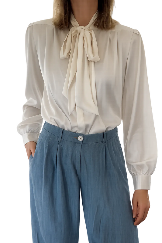 Vinatge cream satin bow blouse