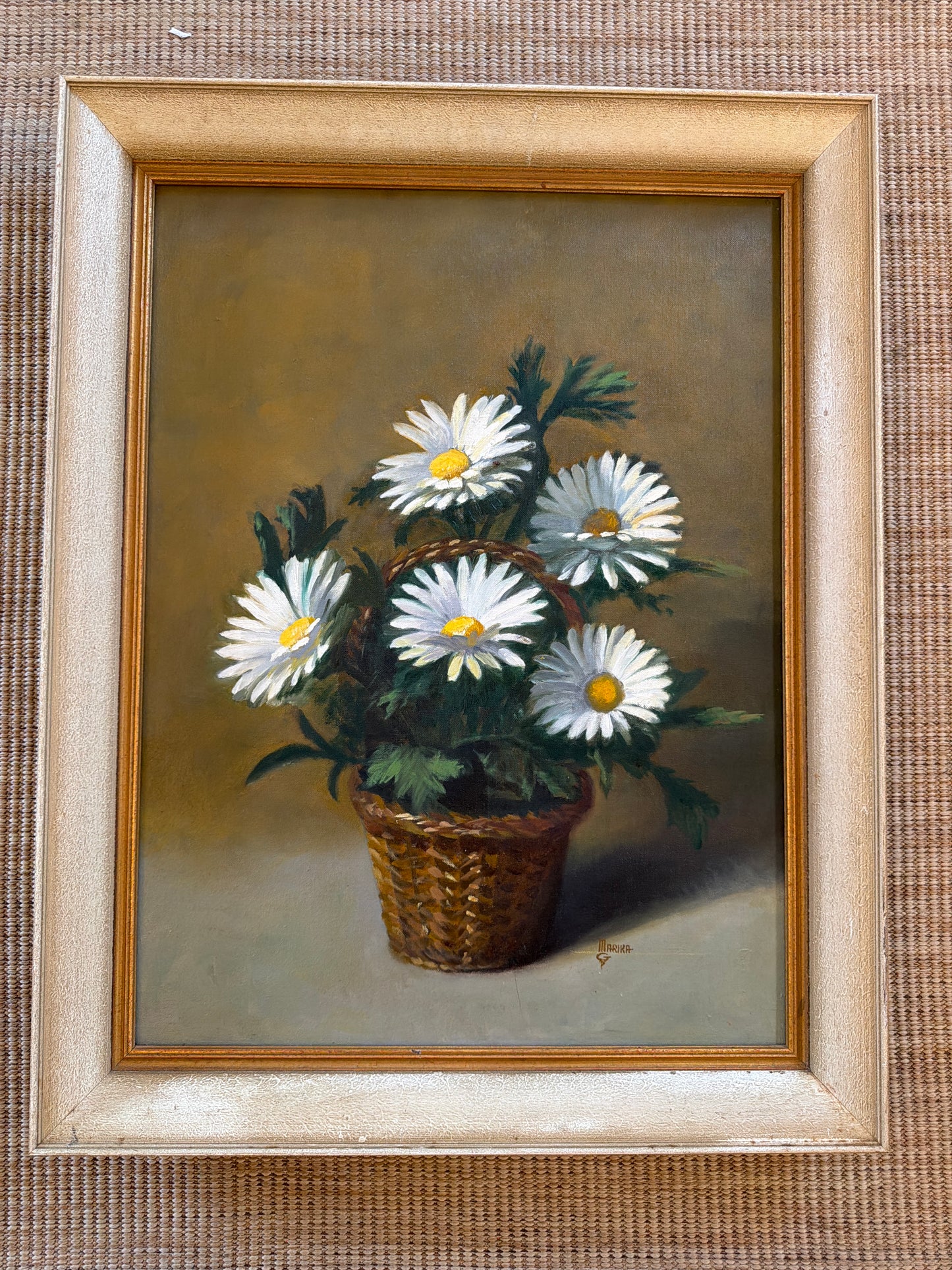 Original Vintage Daisy Still Life Oil Painting in Gilt Frame