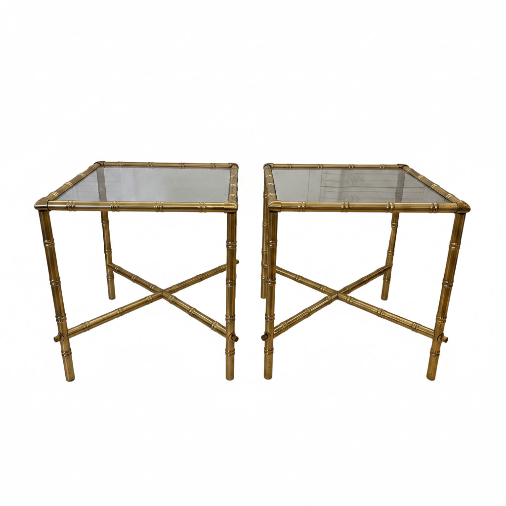 Vintage Faux Bamboo Brass & Glass Side Tables – Pair