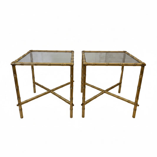 Vintage Faux Bamboo Brass & Glass Side Tables – Pair