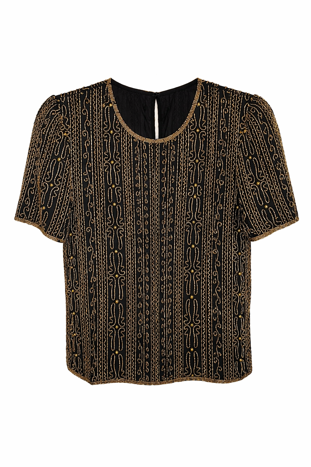 Beautiful black and gold hand beaded vintage 1980s top. Black background with gold beating short sleeve medium length waist. Made in India vintage size small