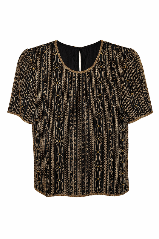 Beautiful black and gold hand beaded vintage 1980s top. Black background with gold beating short sleeve medium length waist. Made in India vintage size small
