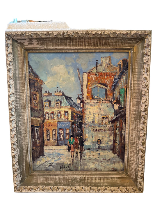 Framed Vintage Mahé Montmartre Paris Oil Painting | Sacré-Cœur Street Scene | Palette Knife Impasto