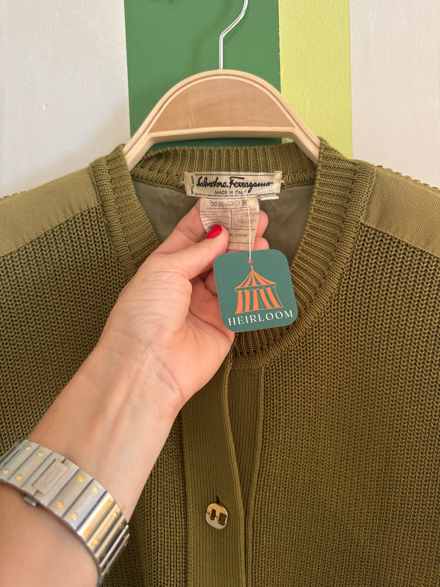 Vinatge Ferragamo olive ￼ green cardigan