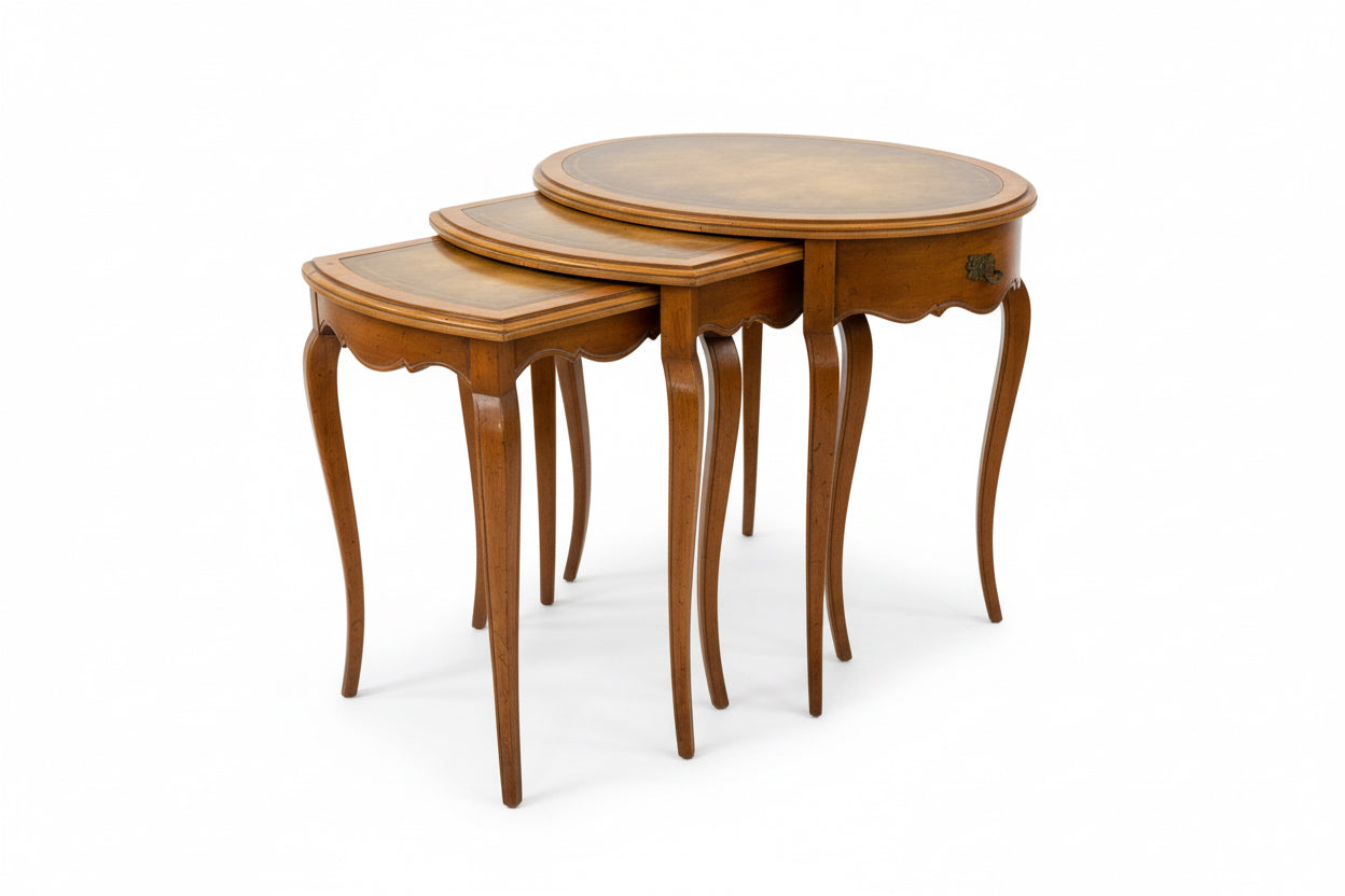 Vintage Leather Weiman Heirloom Antique Top Nesting Tables – Traditional Wood Side Table Set with Tooled Leather Insets