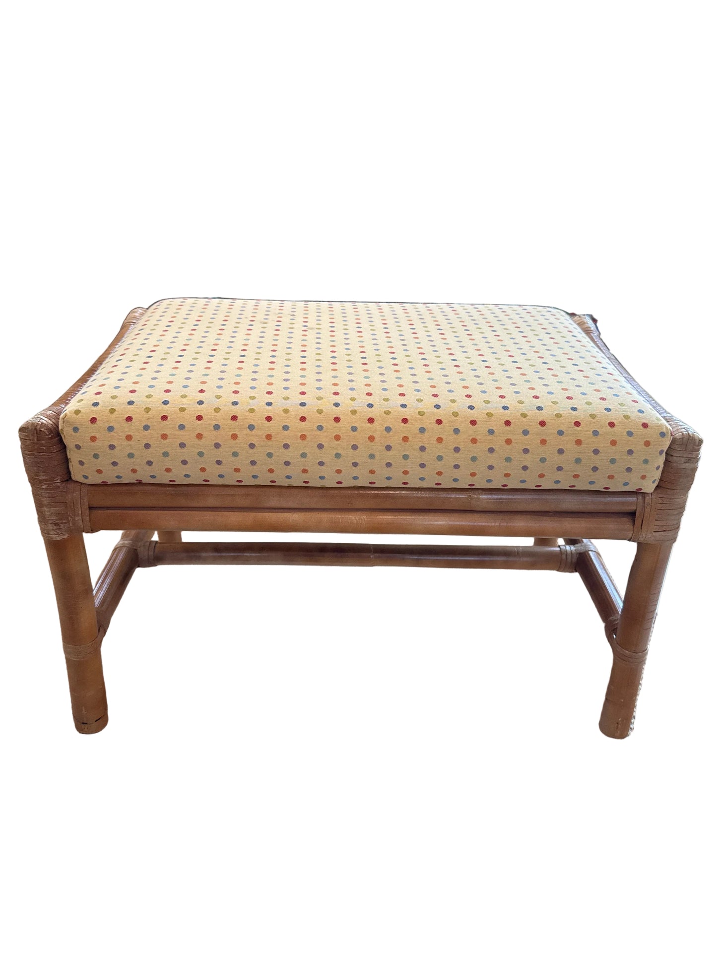 Vintage McGuire Rattan & Upholstered Polka Dot Bench / Ottoman