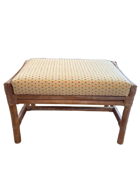 Vintage McGuire Rattan & Upholstered Polka Dot Bench / Ottoman