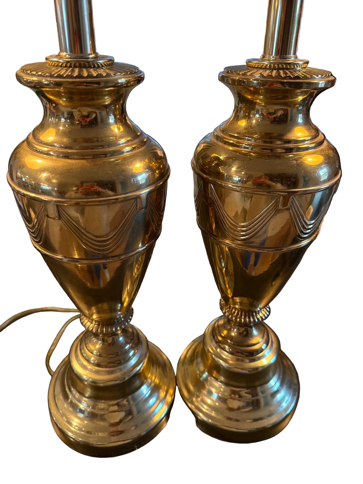 Pair of Vintage Brass Urn Lamps with Neoclassical Swag Detail