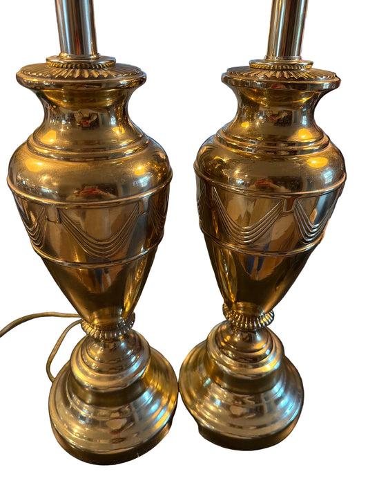 Pair of Vintage Brass Urn Lamps with Neoclassical Swag Detail