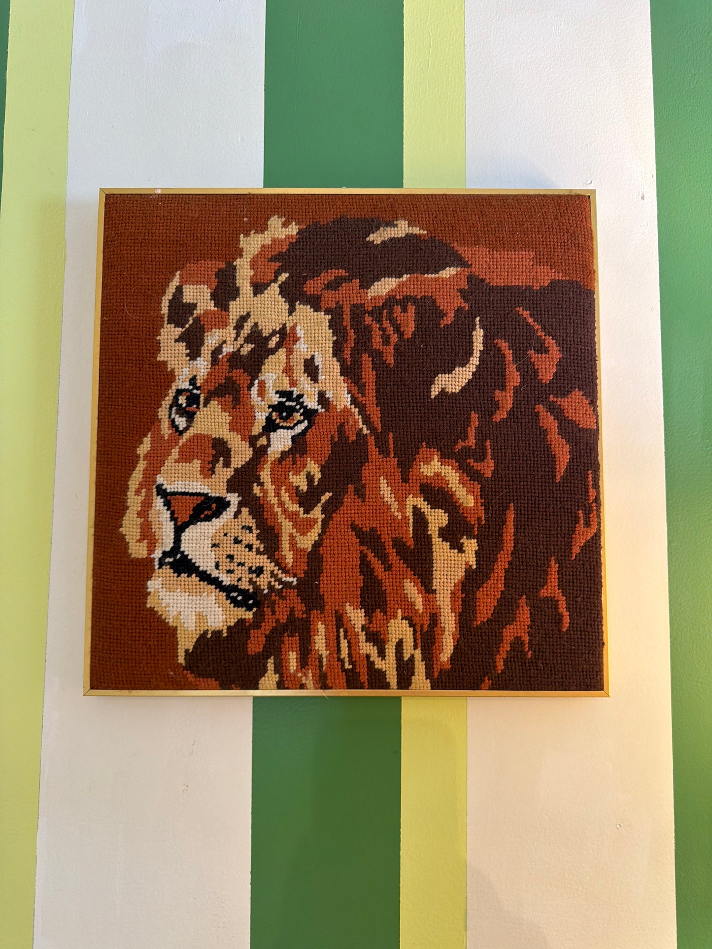 Vintage Framed Lion Needlepoint Wall Art