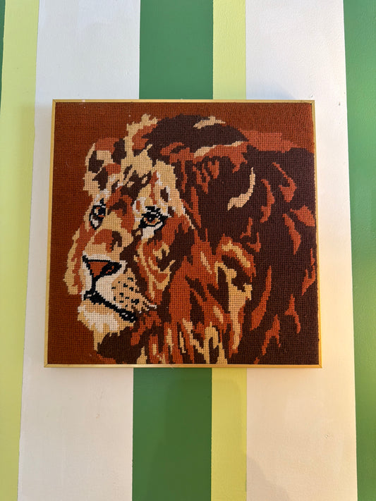 Vintage Framed Lion Needlepoint Wall Art