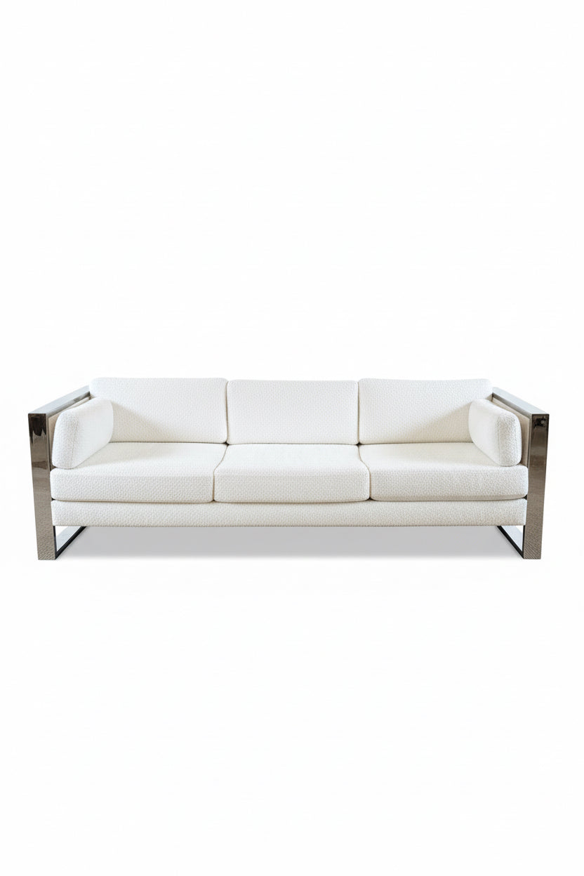Vintage Milo Baughman for Thayer Coggin Chrome Frame Sofa — Newly Reupholstered in White Bouclé