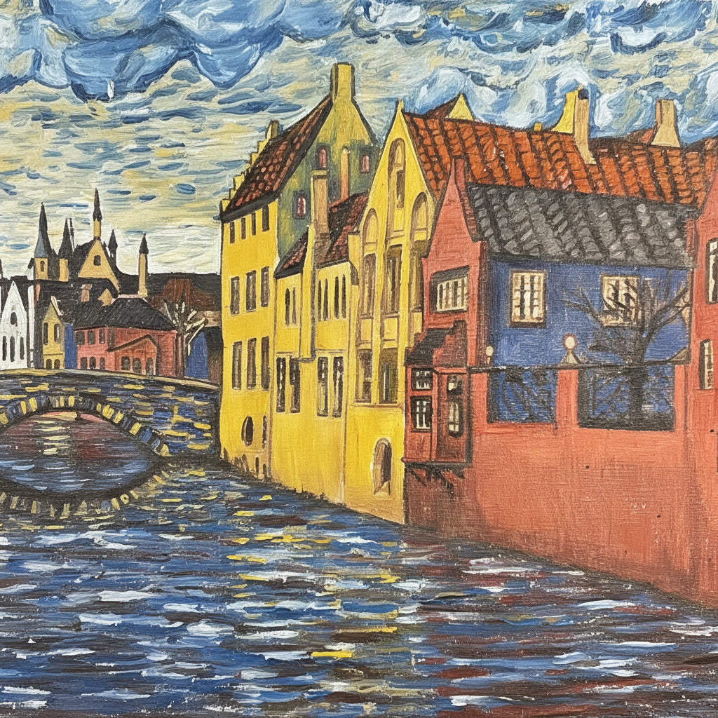 Vintage European Canal Cityscape Painting