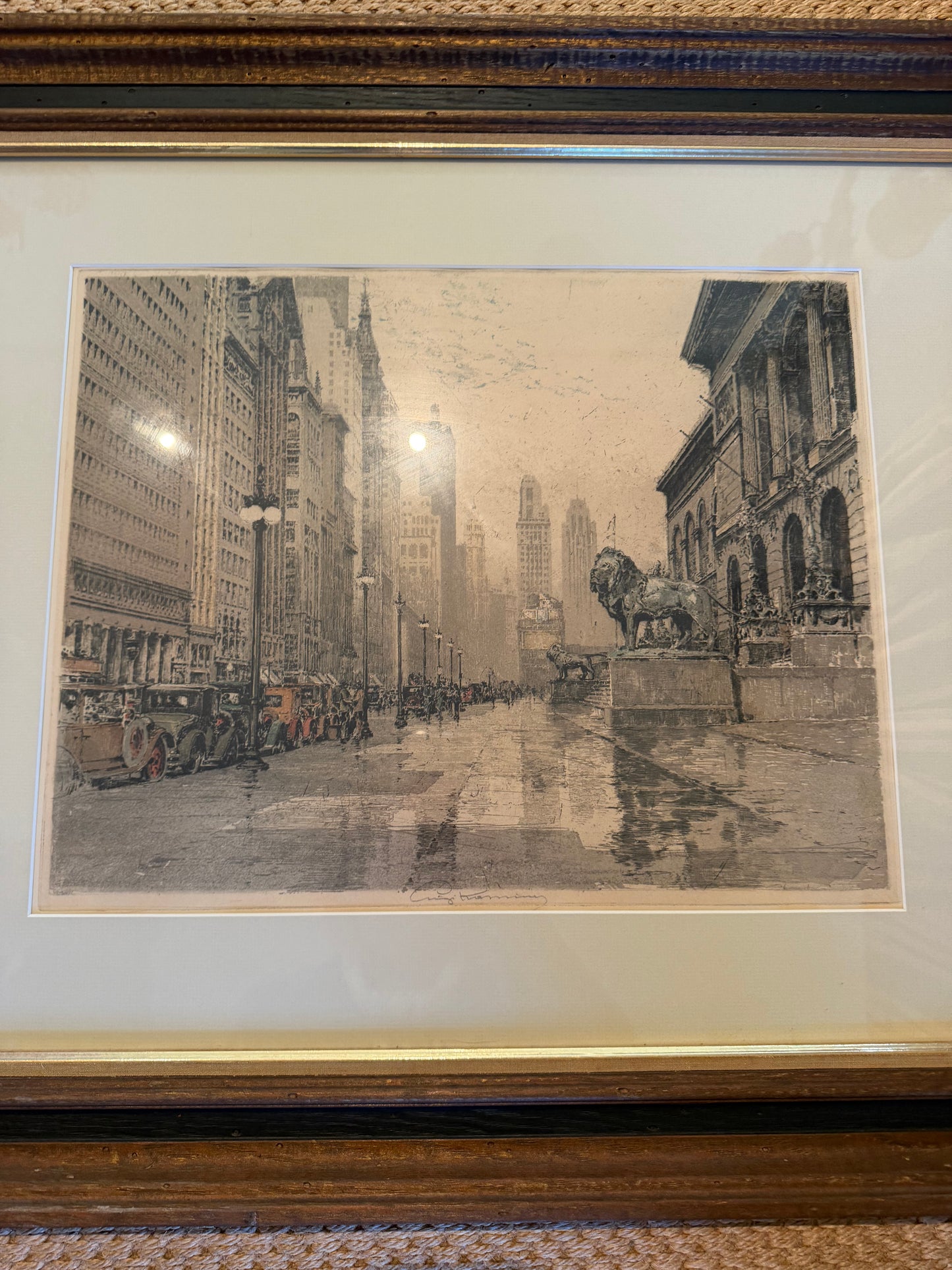 Vintage Signed Chicago Street Scene Print – Michigan Avenue & the Art Institute