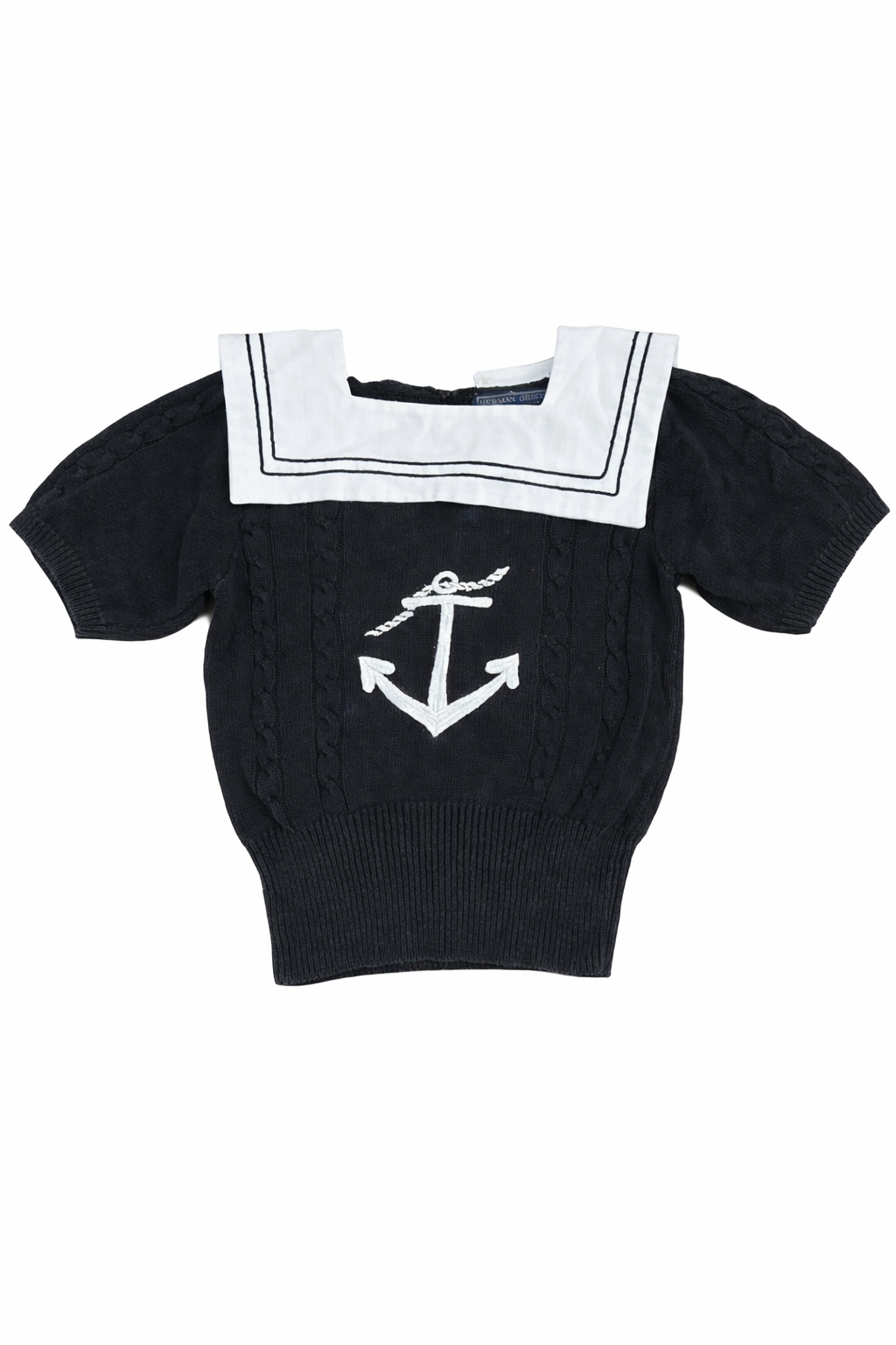 Black cable knit, cotton and linen size small vintage 1990s sweater tee with large anchor embroidered in front. Removable collar. 
Herman Geist.