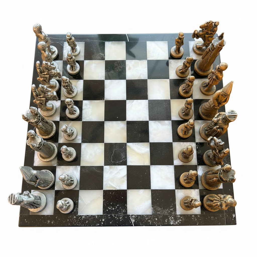 Vintage Medieval Chess Set with Stone Chess Board