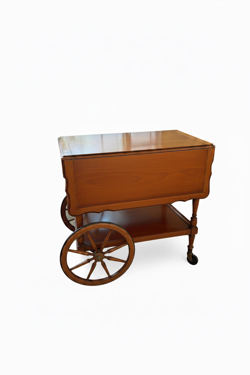 Vintage Fruitwood Drop-Leaf Tea Cart with Glass Shelf
