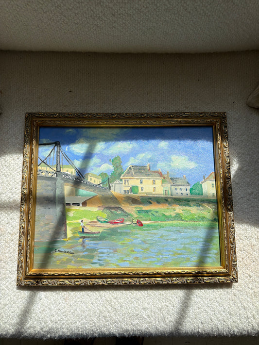 Signed Riverside Painting on Canvas in Ornate Gold-Tone Frame