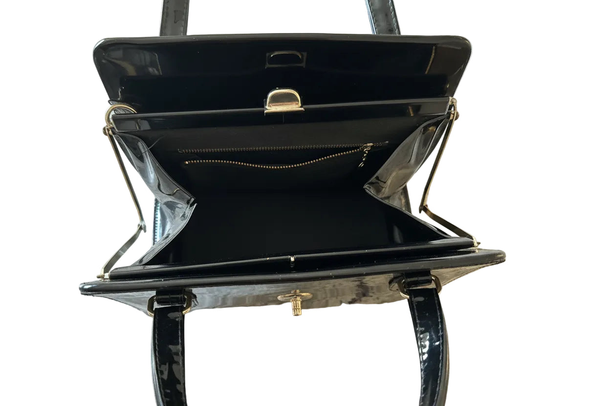1950s Black patent, leather, accordion handbag