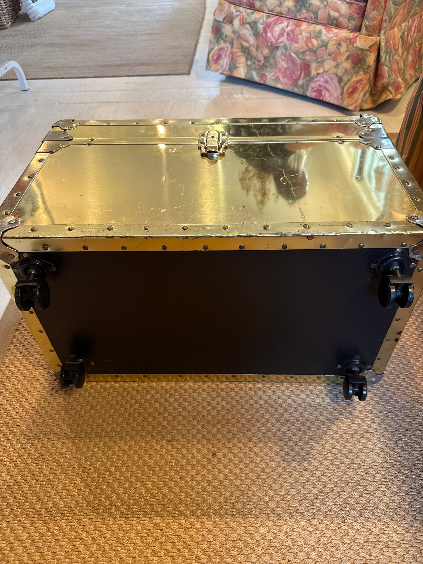 Vintage Brass-Clad Storage Trunk on Casters/ Chest with Working Key