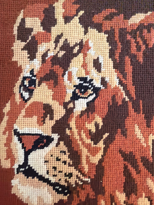 Vintage Framed Lion Needlepoint Wall Art