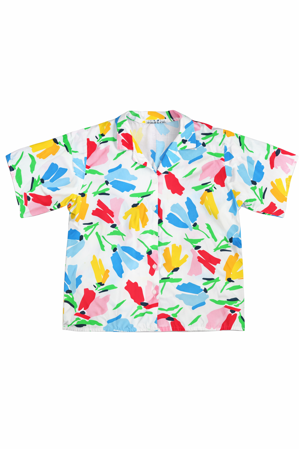 Fun and colorful, thin, cotton Collared button-down. Women's medium. Abstract floral design with boxy, cut and long wide sleeve. Give this to the perfect 80s style. Fabric reminds me of colorful, vintage pillowcase!