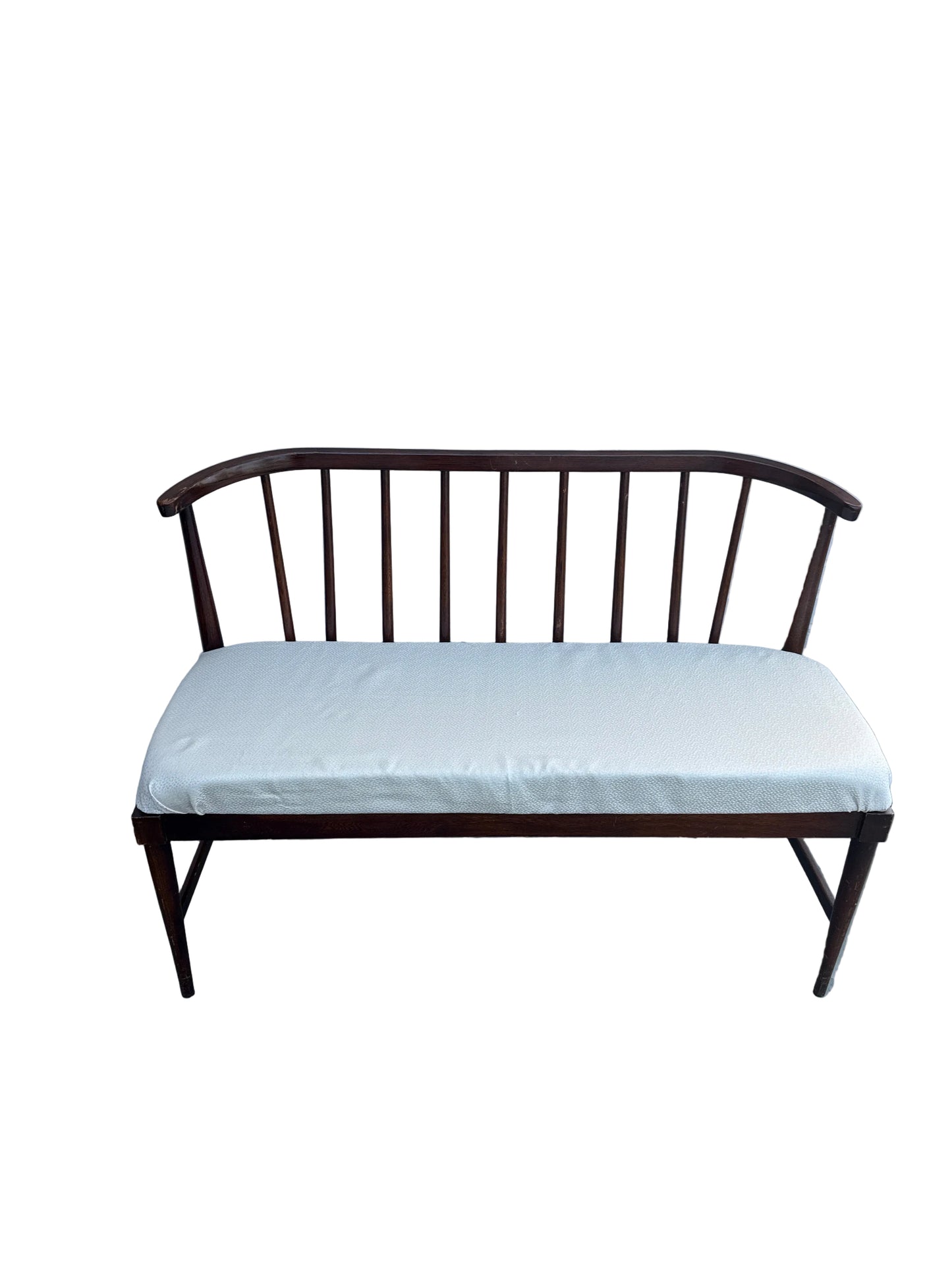 Vintage Wood Spindle-Back Bench with Upholstered Seat