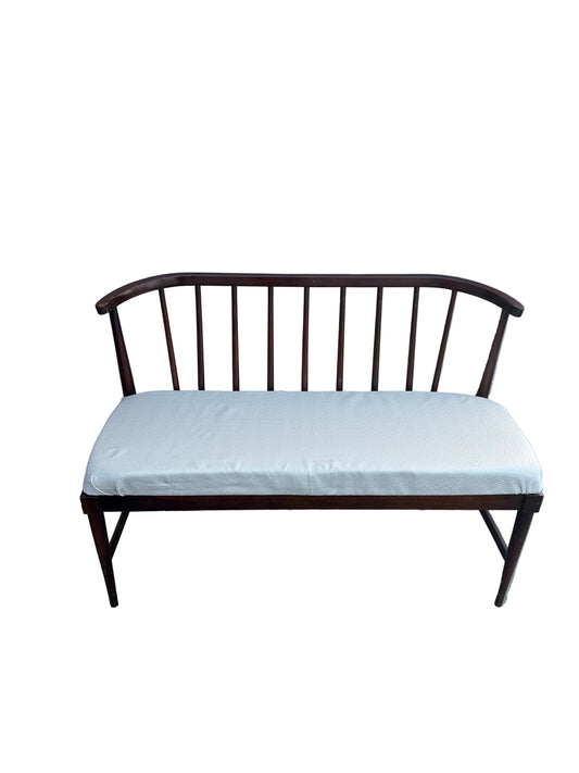Vintage Wood Spindle-Back Bench with Upholstered Seat