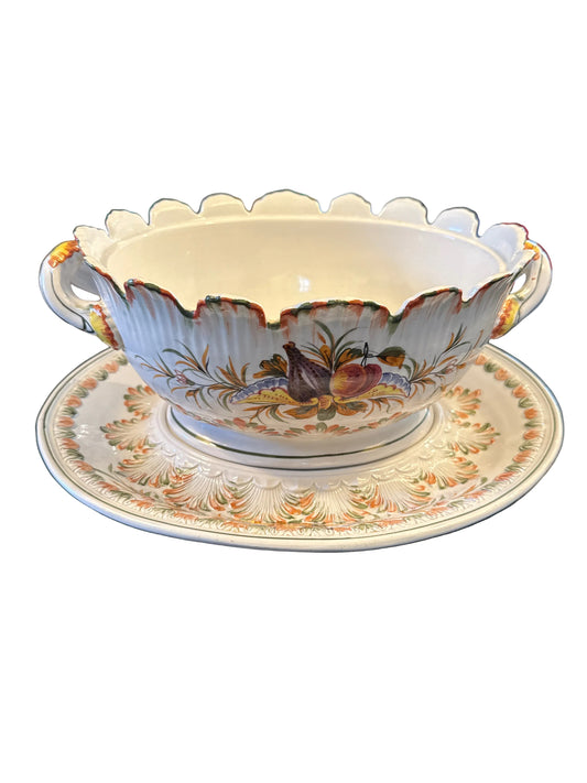 Vintage Hand-Painted Faience-Style Tureen Bowl with Underplate