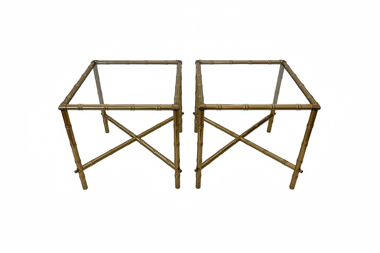 Vintage Faux Bamboo Brass & Glass Side Tables – Pair