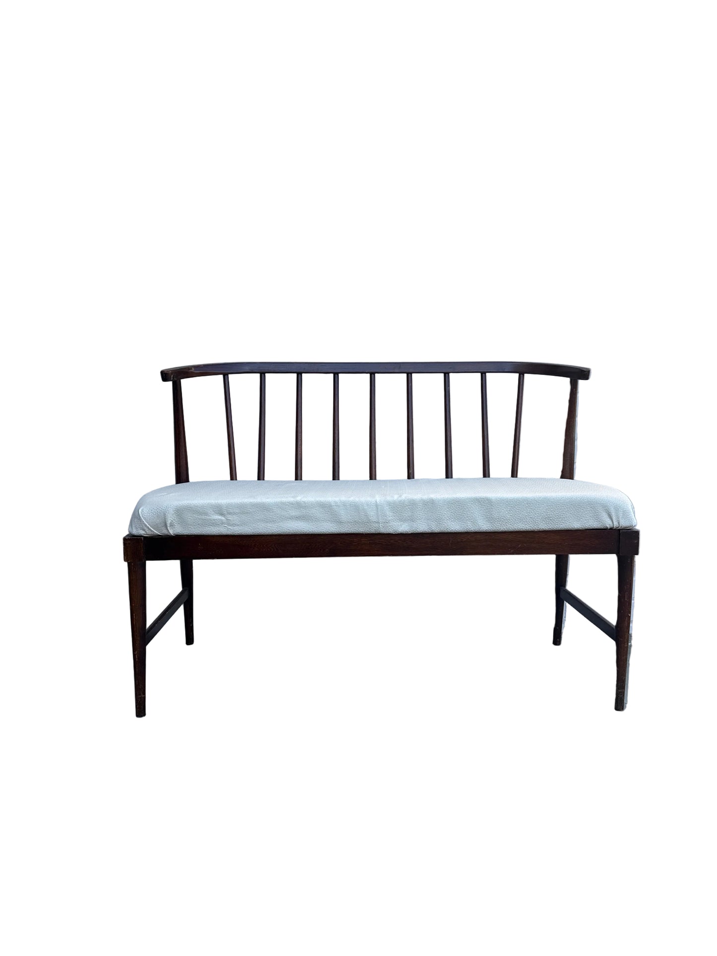 Vintage Wood Spindle-Back Bench with Upholstered Seat