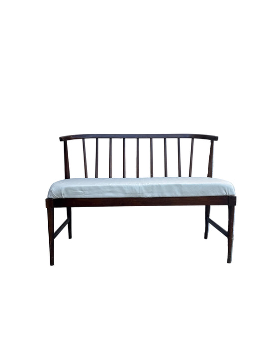 Vintage Wood Spindle-Back Bench with Upholstered Seat