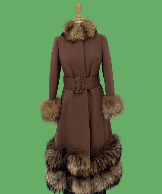 Vintage Lord & Taylor Young New Yorker Shop Brown Wool Coat with Genuine Fur Trim & Belt