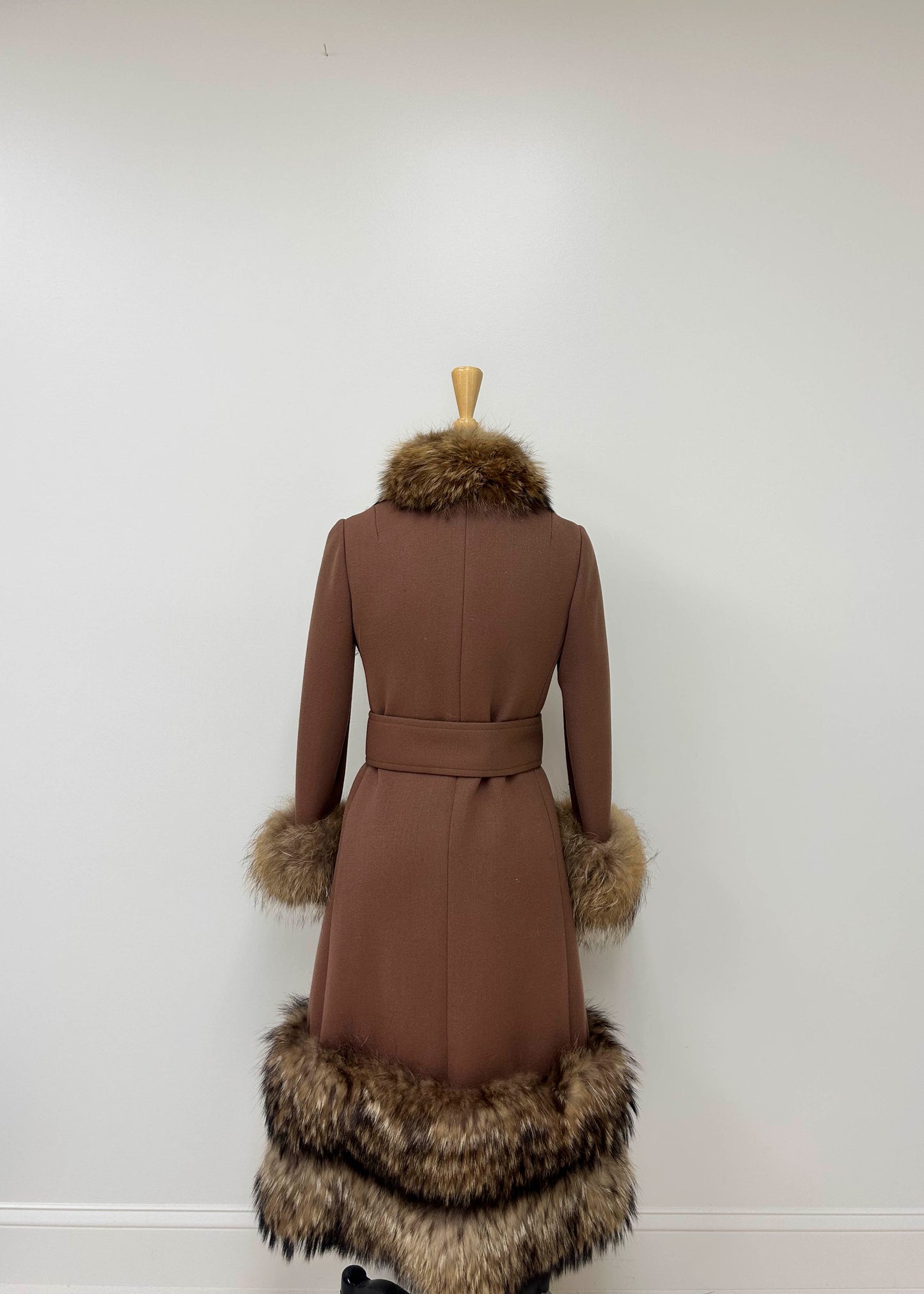 Vintage Lord & Taylor Young New Yorker Shop Brown Wool Coat with Genuine Fur Trim & Belt