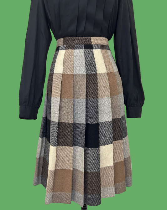Madison Wardrobe Maker Vintage Brown Plaid Wool Midi Skirt