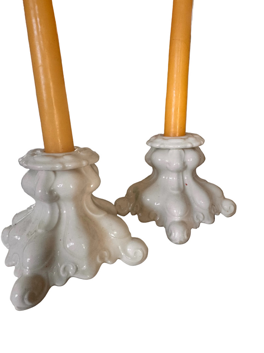 Vintage Italian Ceramic Candlesticks | White Baroque Scroll Base (Pair)