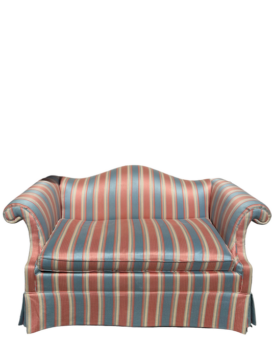 Vintage Camelback Settee with  Pink  and Blue Striped Upholstery