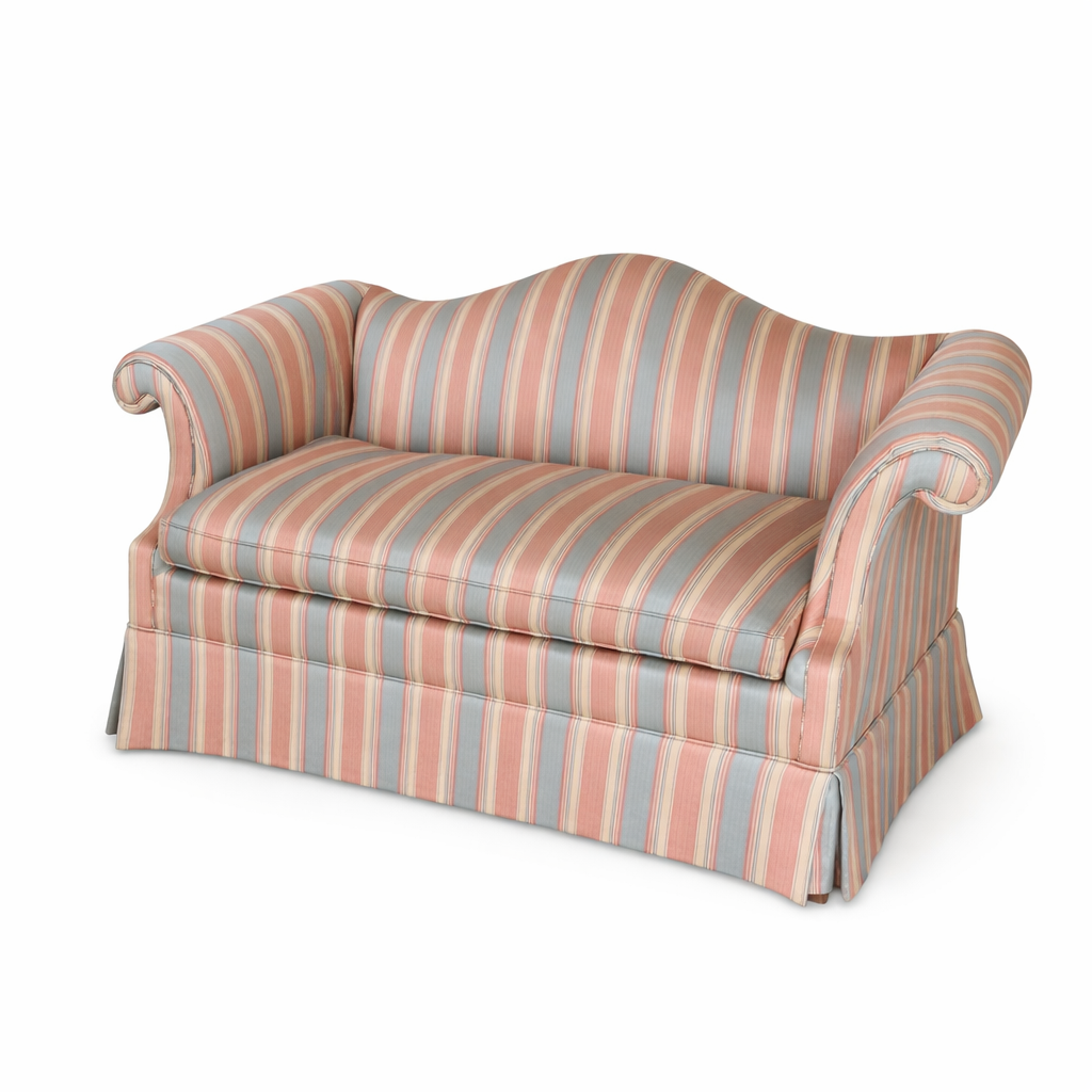 Vintage Camelback Settee with  Pink  and Blue Striped Upholstery