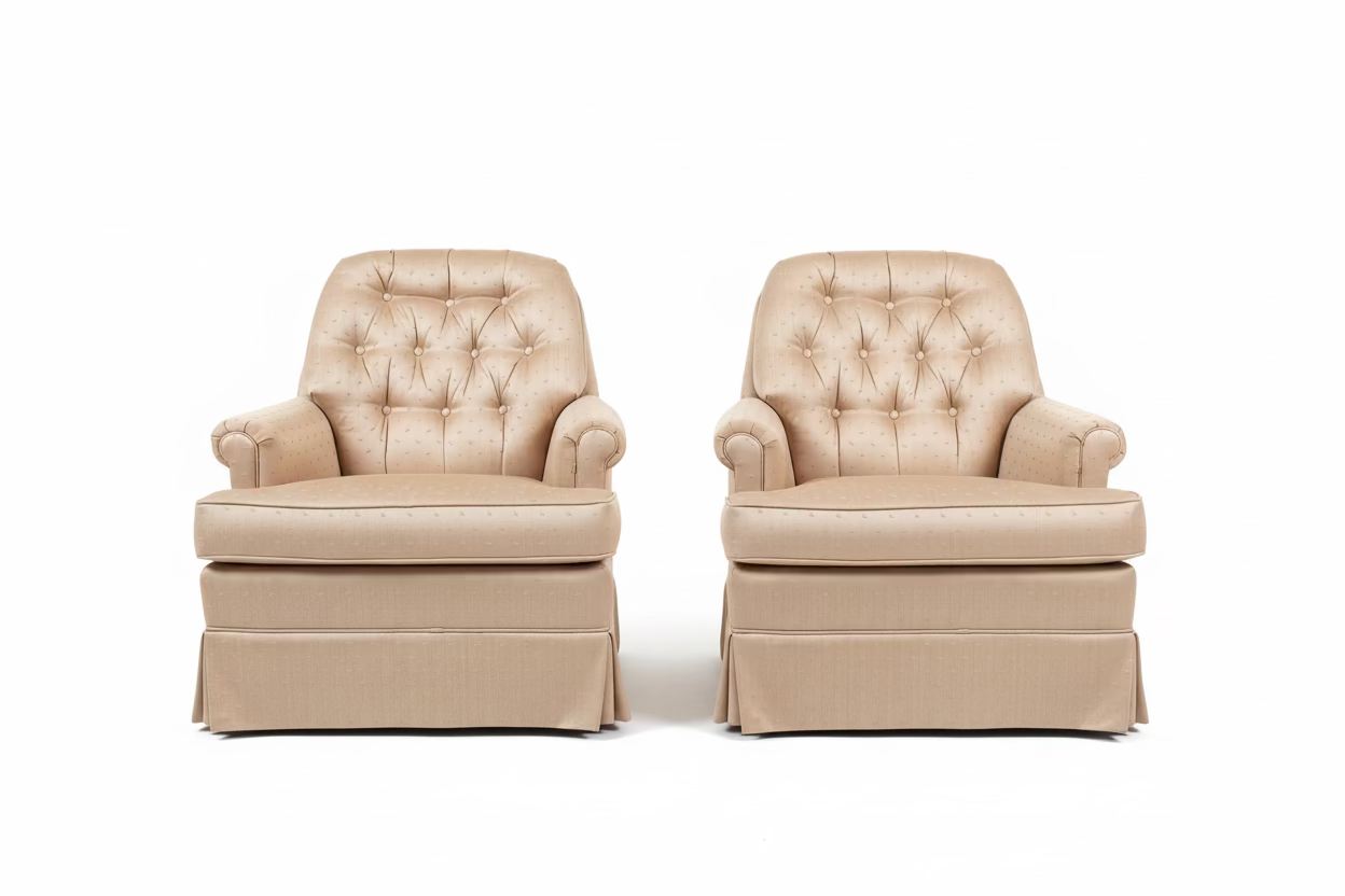Pair of Vintage Tufted Club Swivel Rocker Chairs in Champagne Dobby Upholstery