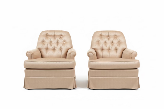 Pair of Vintage Tufted Club Swivel Rocker Chairs in Champagne Dobby Upholstery