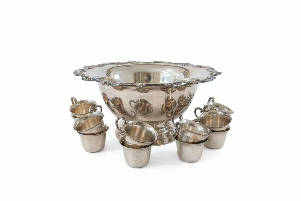 Vintage Silver-Plated Punch Bowl Set with 12 Cups