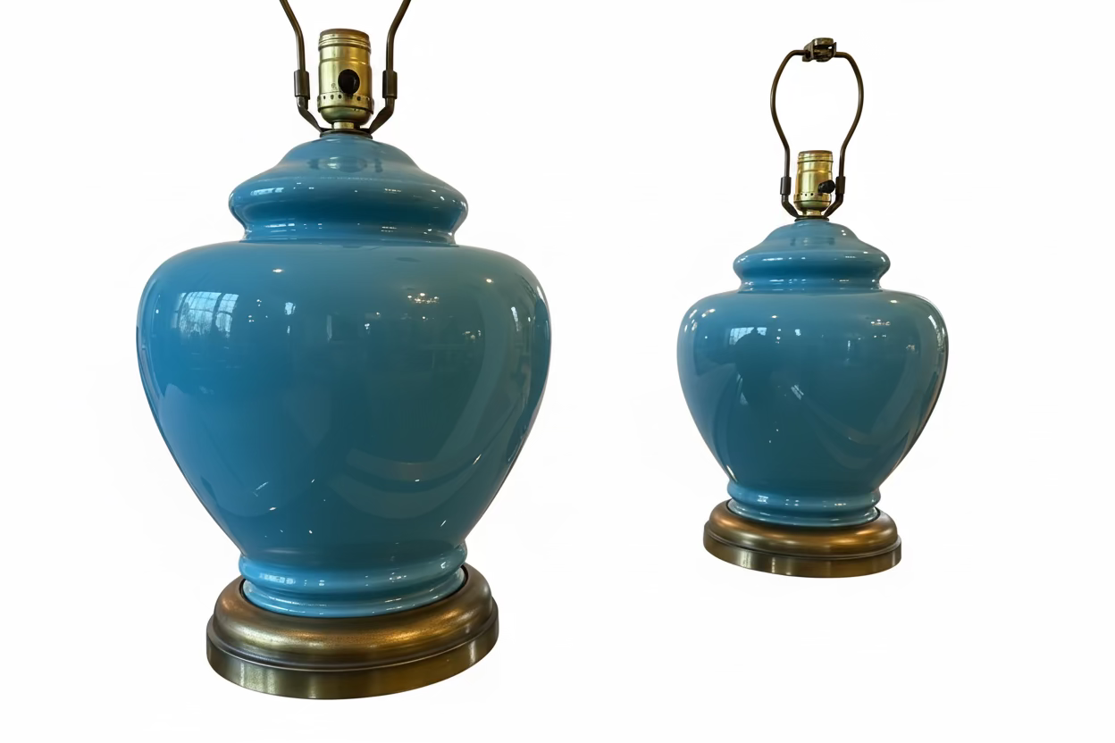 A pair of gorgeous robins egg blue, glass goard shape vintage table lamps.
