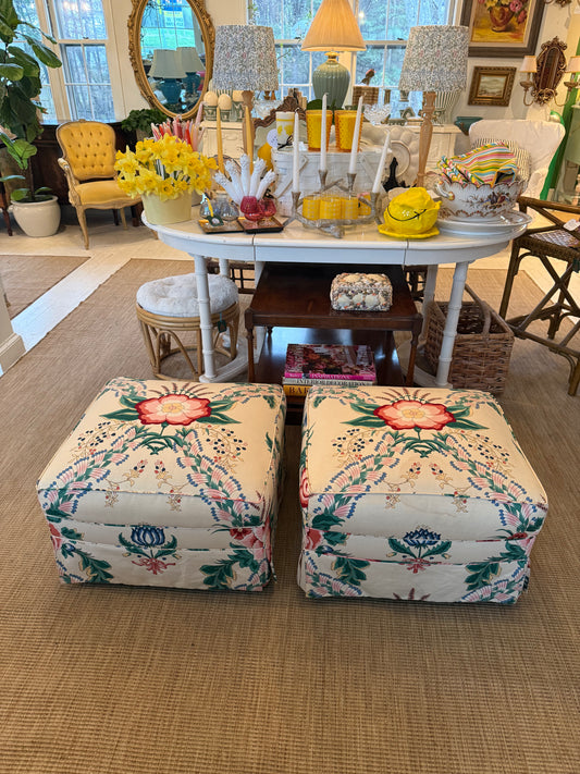 Pair of Vintage Floral Upholstered Ottomans