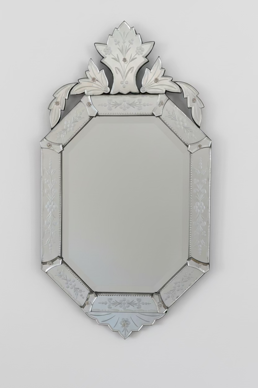 Vintage Venetian Etched Wall Mirror with Floral Crest