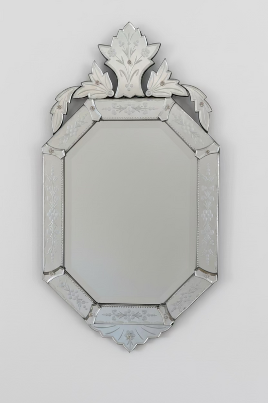 Vintage Venetian Etched Wall Mirror with Floral Crest